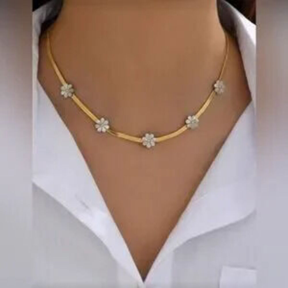 Gold Stainless Steel Daisy Flower Necklace - White Enamel Floral Choker Gift